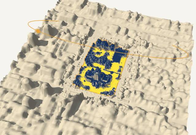 Example result: Vancouver City Hall's lot in 3D among its neighbours, with sunny lawns in yellow and shaded areas in dark blue